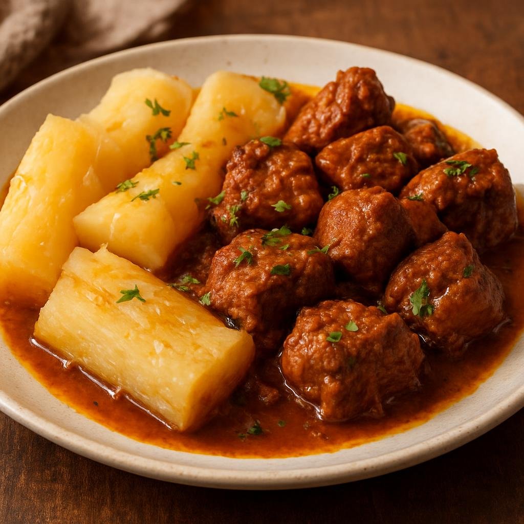 Entree: Nicaragua – Northern Culinary Region – Chancho con Yuca (Braised pork cooked with boiled yuca, a cassava root, in a savory Northern Nicaraguan style) recipe