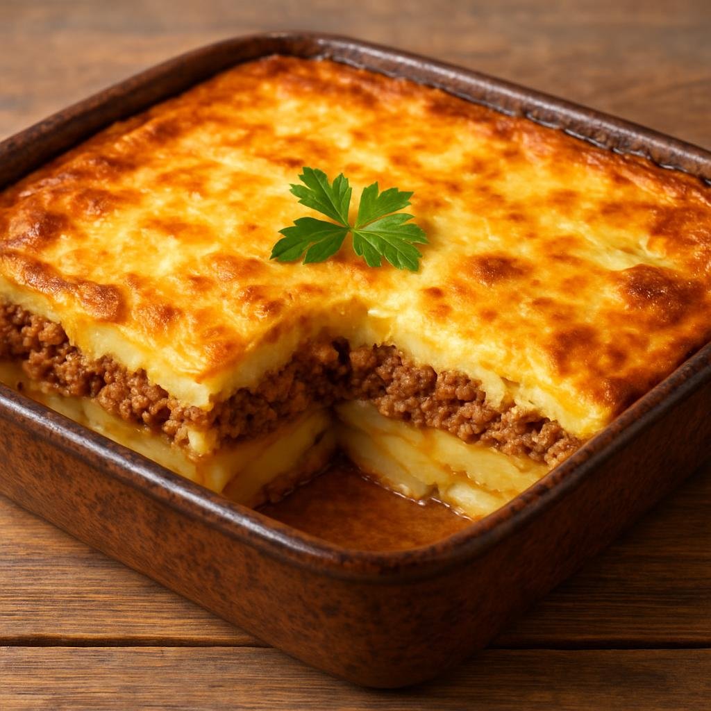 Entree: North Macedonia – Northern Culinary Region – Мусака ➤ Musaka (Baked casserole of layered potatoes and seasoned ground meat topped with an egg-based custard) recipe