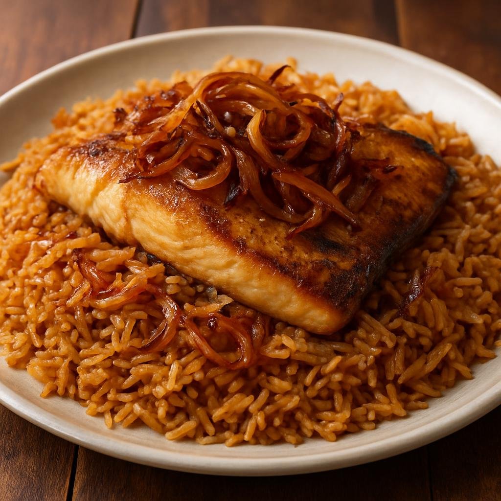Entree: Palestine – Northern Culinary Region – صيادية ➤ Sayyadiyah (Fragrant spiced rice topped with seasoned fish and caramelized onions) recipe