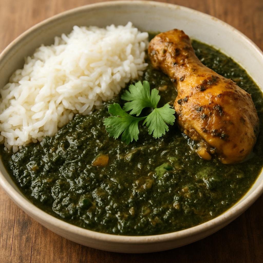 Entree: South Sudan – Northern Culinary Region – Molokhia (Thick, savory stew of jute leaves cooked with fragrant garlic and coriander, typically served with chicken and rice) recipe