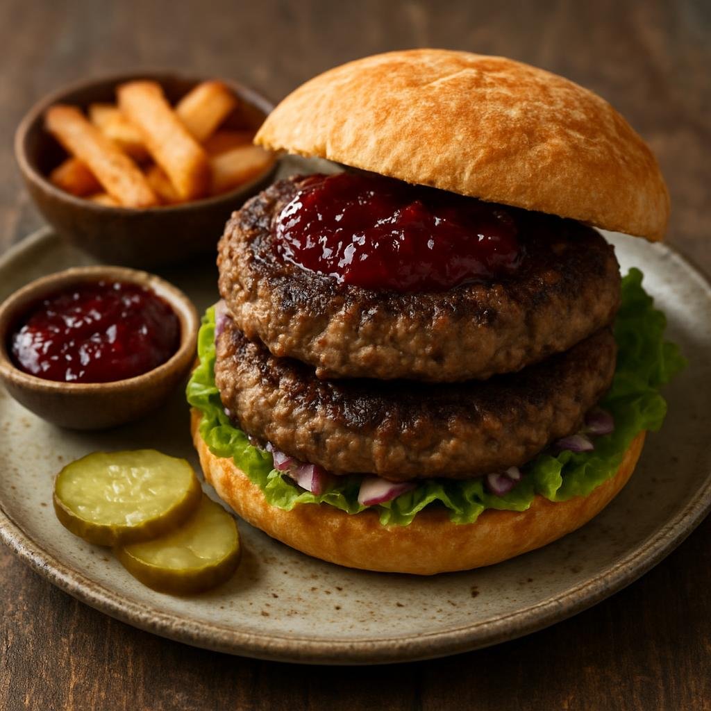 Entree: Svalbard and Jan Mayen – Northern Culinary Region – Svalbard Reindeer Burger (Pan-fried ground reindeer patties seasoned with juniper, served as burgers with Nordic preserves and rustic accompaniments) recipe