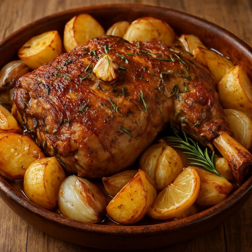 Entree: Andorra – Central Culinary Region – Xai Rostit (Roast young lamb seasoned with garlic, rosemary, and lemon, roasted with potatoes and onions) recipe