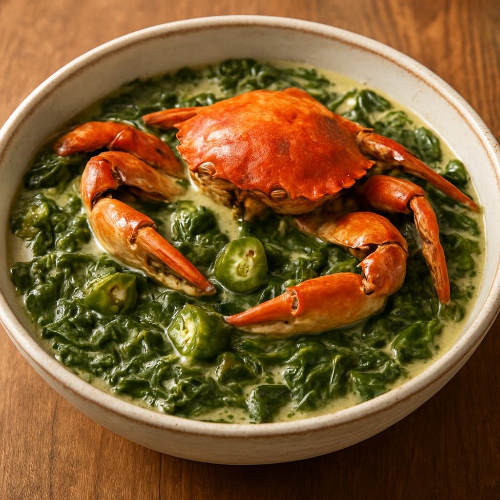 Entree: Anguilla – Central Culinary Region – Callaloo with Crab (A hearty Caribbean green-leaf stew made with callaloo leaves, okra, coconut milk, and fresh crab) recipe