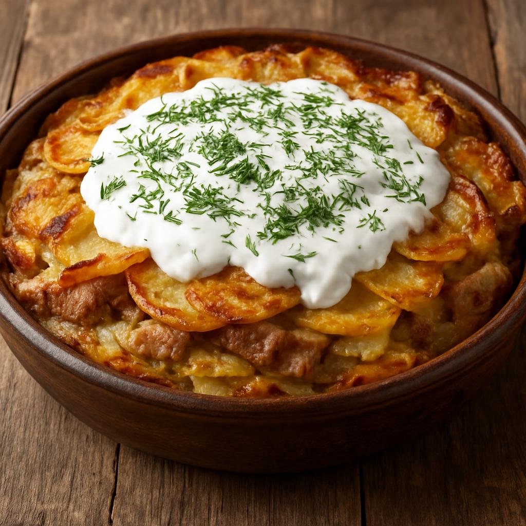 Entree: Belarus – Central Culinary Region – Пячиста ➤ Pyachysta (Rustic Belarusian layered potato and pork bake finished with sour cream and dill) recipe