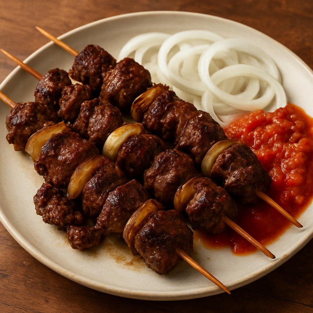 Entree: Burundi – Central Culinary Region – Brochettes (Charcoal-grilled skewers of marinated beef or goat served with onions and a tomato-onion sauce) recipe