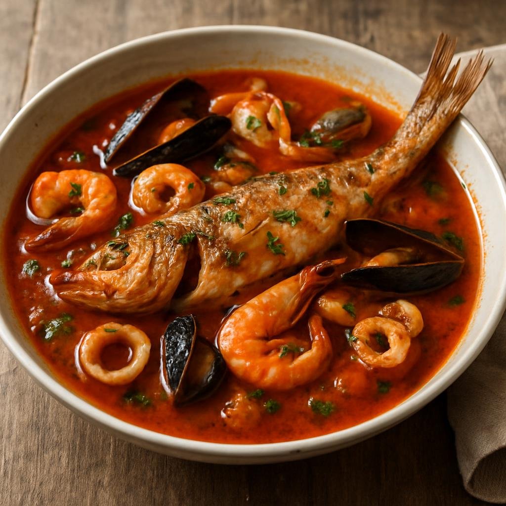 Entree: Croatia – Brudet (Hearty Croatian coastal fish stew of mixed seafood simmered in a tomato, wine, and garlic broth) recipe