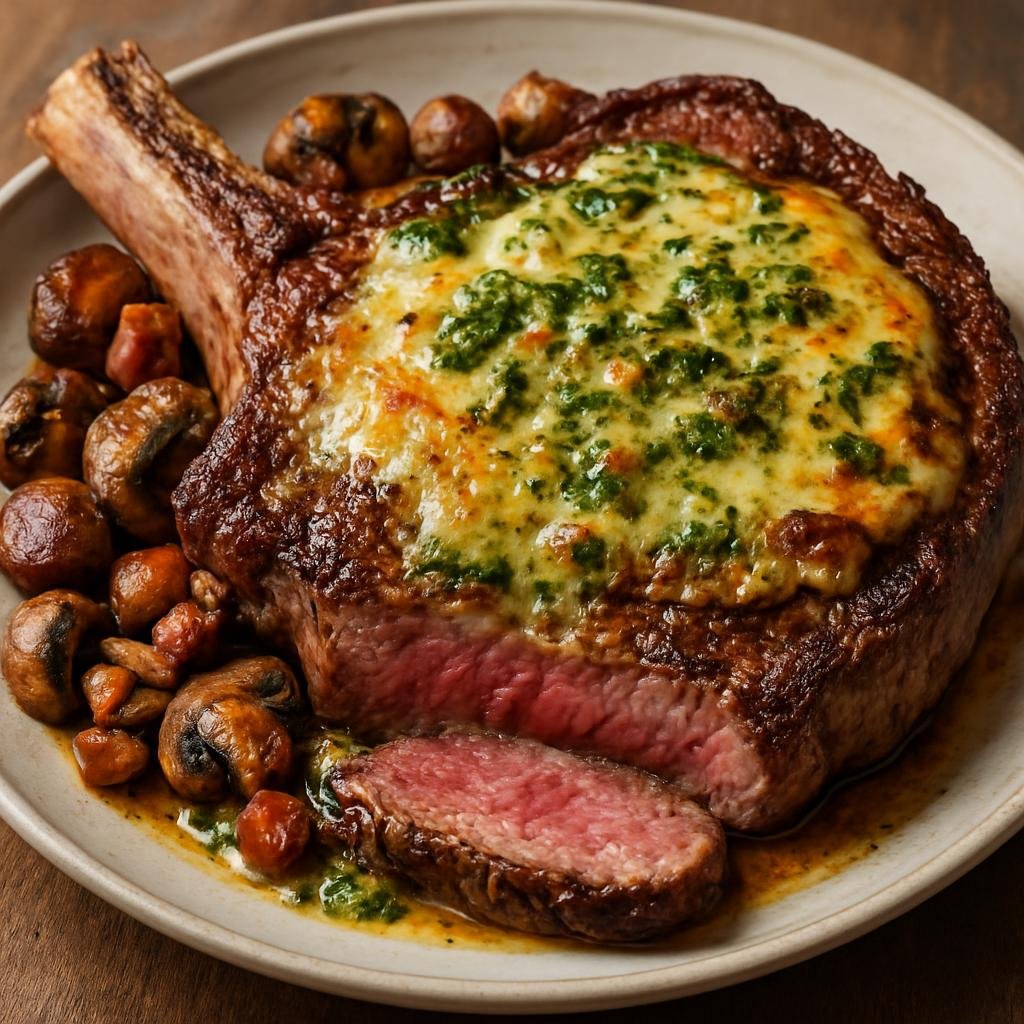 Entree: France – Auvergne – Côte de Boeuf à l'Auvergnate (Bone-in rib steak prepared in the Auvergne manner with garlic-parsley butter, mushrooms, lardons, and melted Cantal cheese) recipe