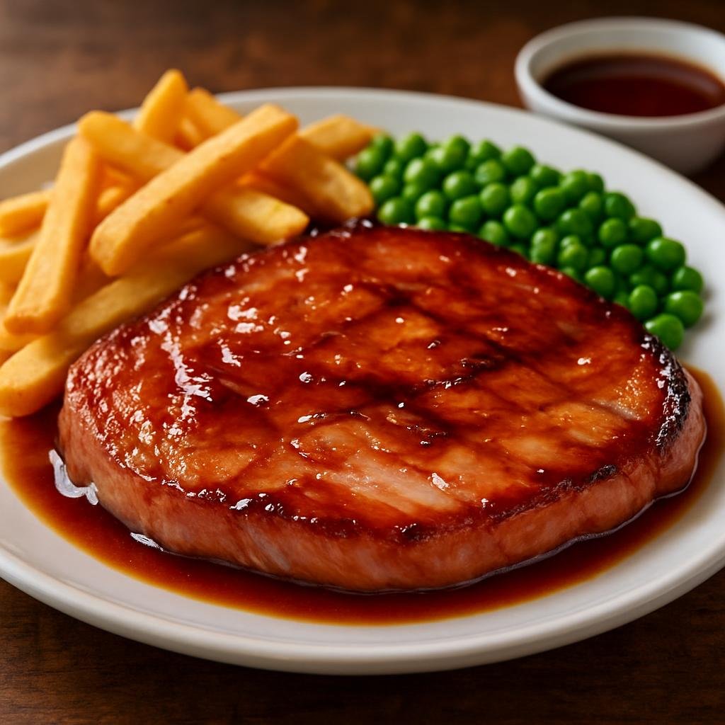 Entree: United Kingdom – British Pub Classics – Gammon Steak (Thick cured and often smoked pork steak, typically simmered then pan-grilled and served with a sweet-savory glaze) recipe