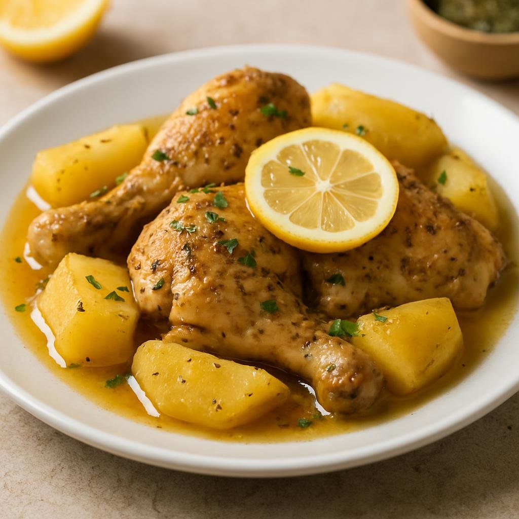Entree: Greece – Athens & Attica – Κοτόπουλο λεμονάτο ➤ Kotópoulo lemonáto (Greek lemon-braised chicken with garlic, oregano, and potatoes) recipe