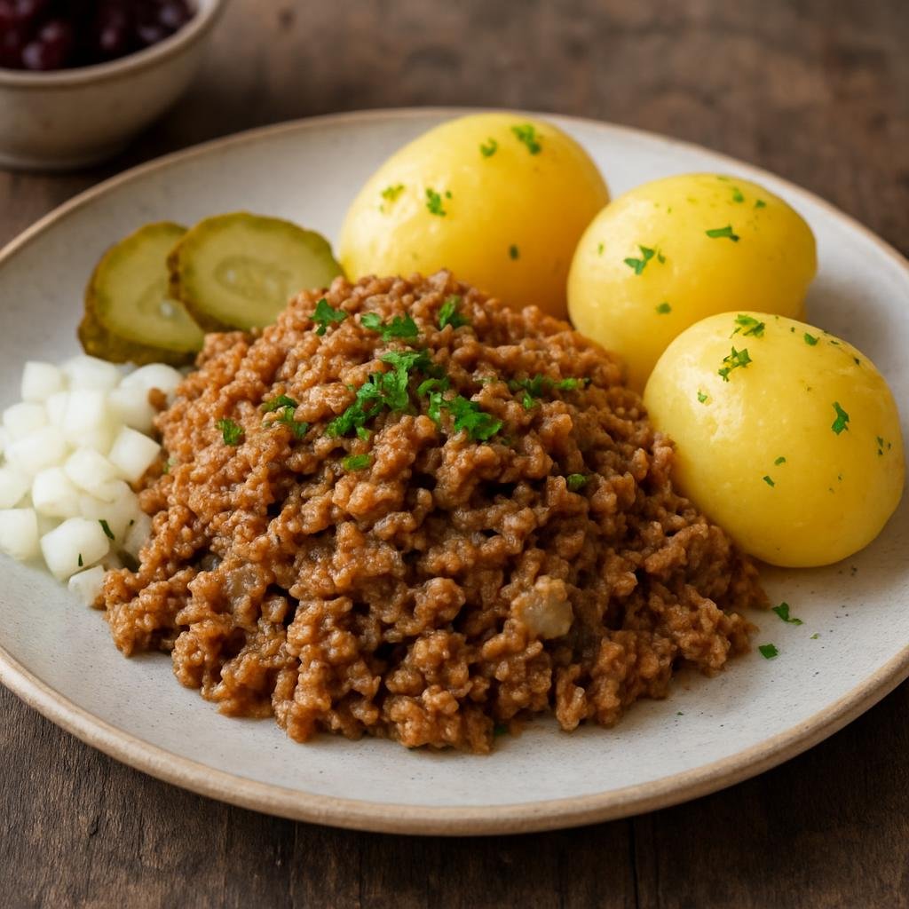 Entree: Finland – Finnish Coastal Cuisine – Vorschmack (Hearty Finnish minced meat dish cooked with preserved fish and onions, served with potatoes and savory garnishes) recipe