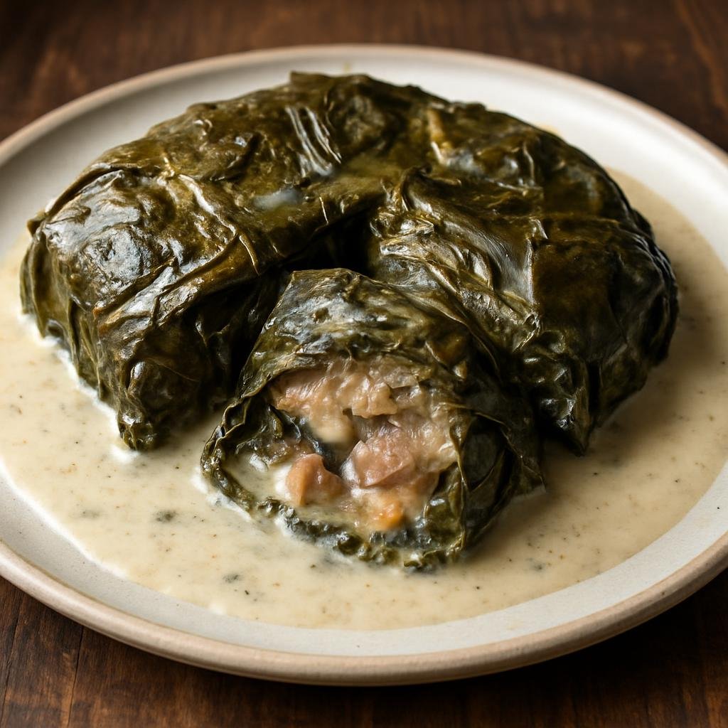 Entree: American Samoa – National Cuisine – Lu'au (Taro leaves braised in coconut cream often with meat, wrapped and baked until tender) recipe
