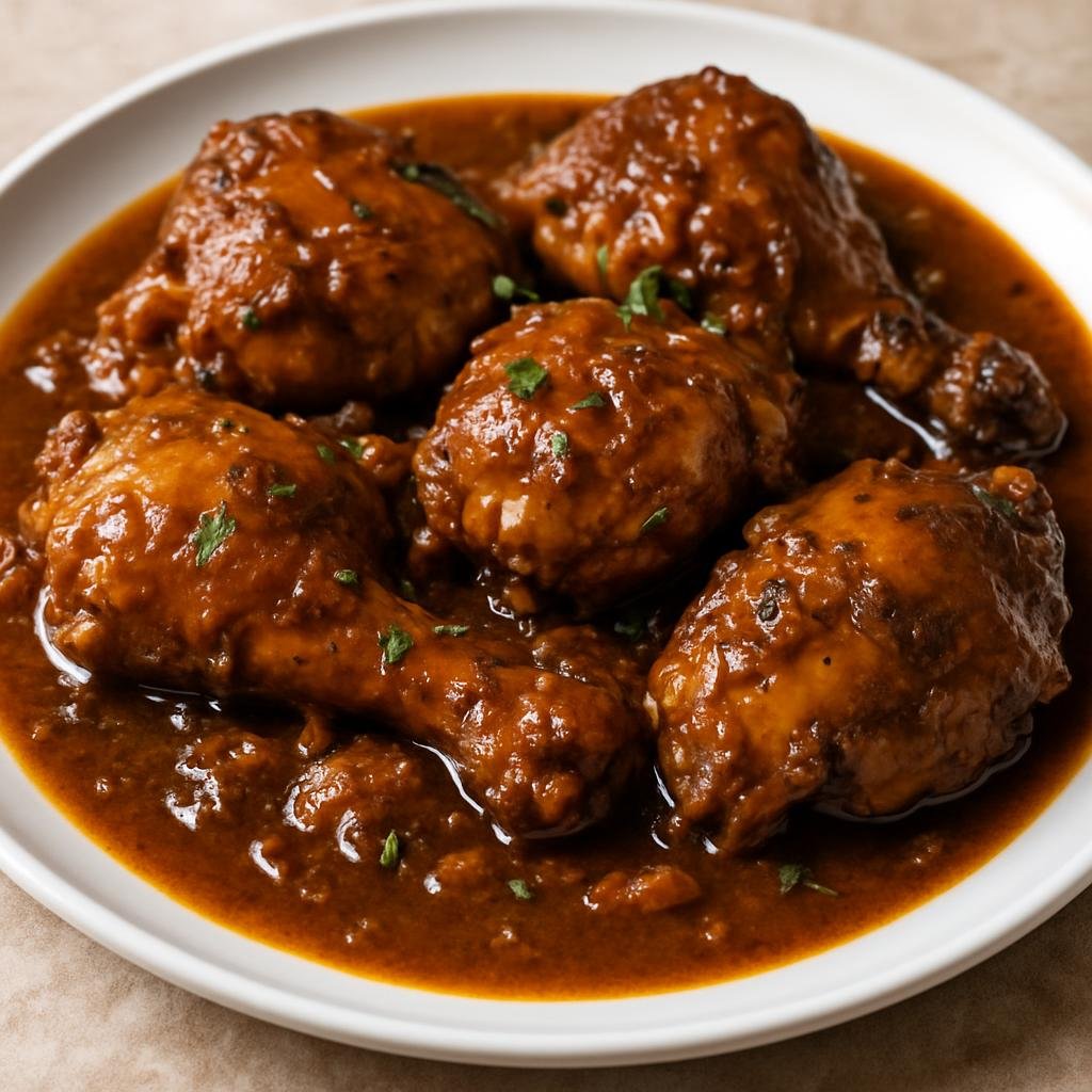 Entree: Barbados – National Cuisine – Brown Stew Chicken (Deeply caramelized Barbadian braised chicken in a rich, savory brown gravy) recipe
