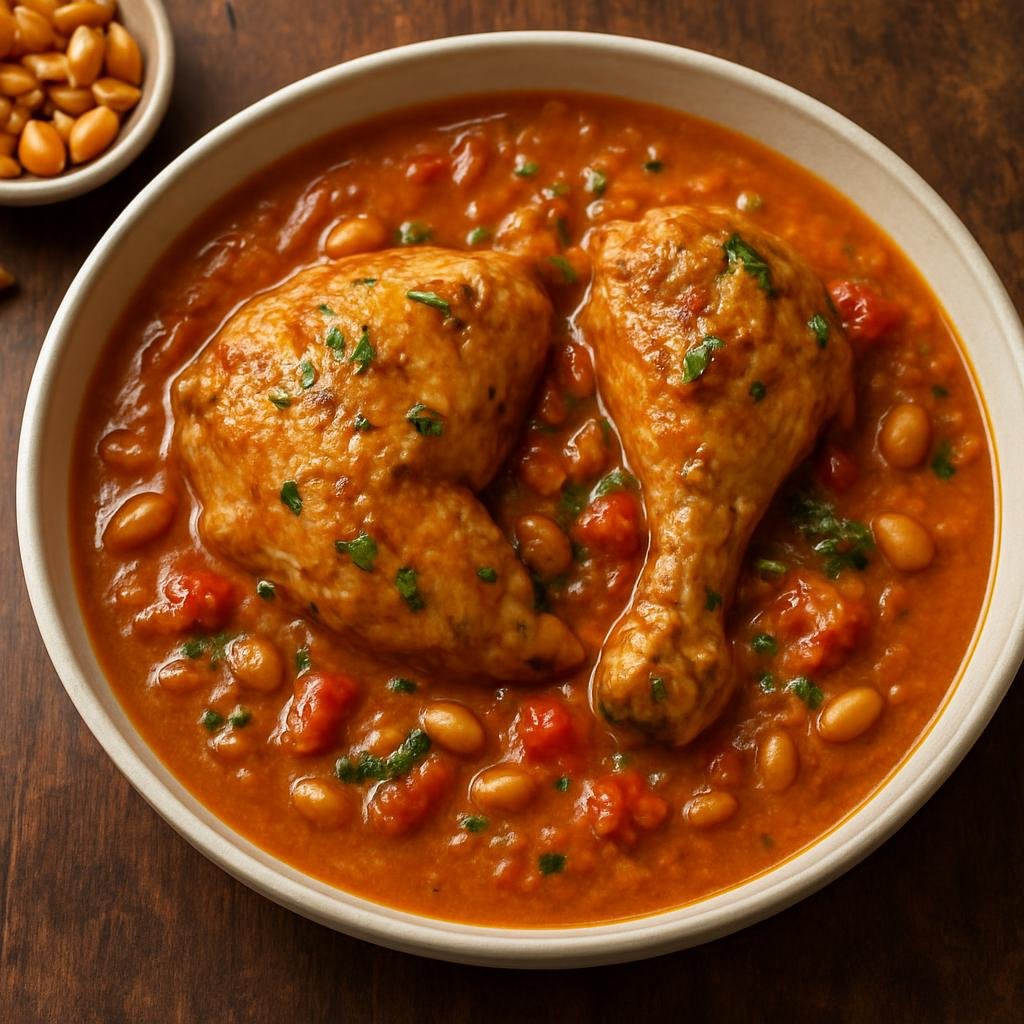 Entree: Burkina Faso – National Cuisine – Poulet Bicyclette (Stewed free-range West African chicken in a spiced tomato and peanut sauce) recipe