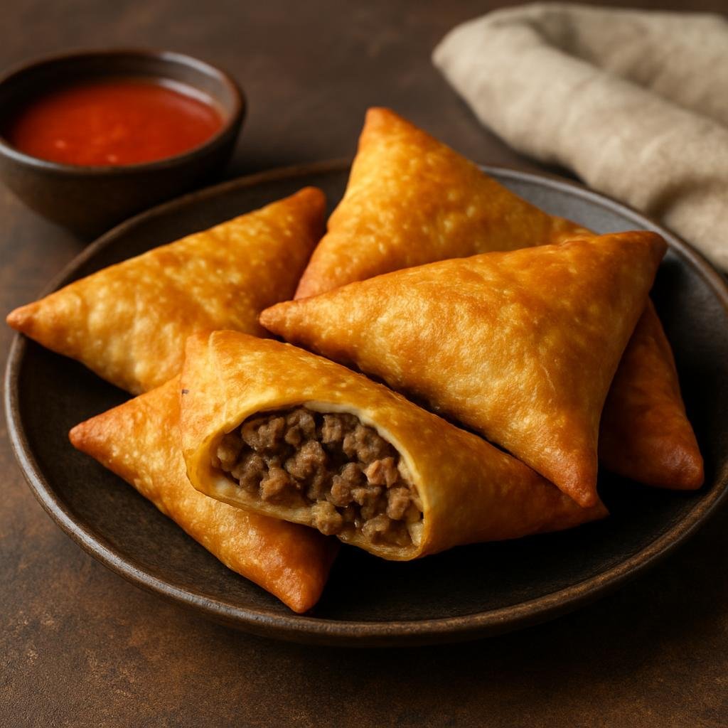 Entree: Djibouti – National Cuisine – سمبوسة ➤ sambusa (Fried triangular savory pastry filled with spiced meat and onions) recipe