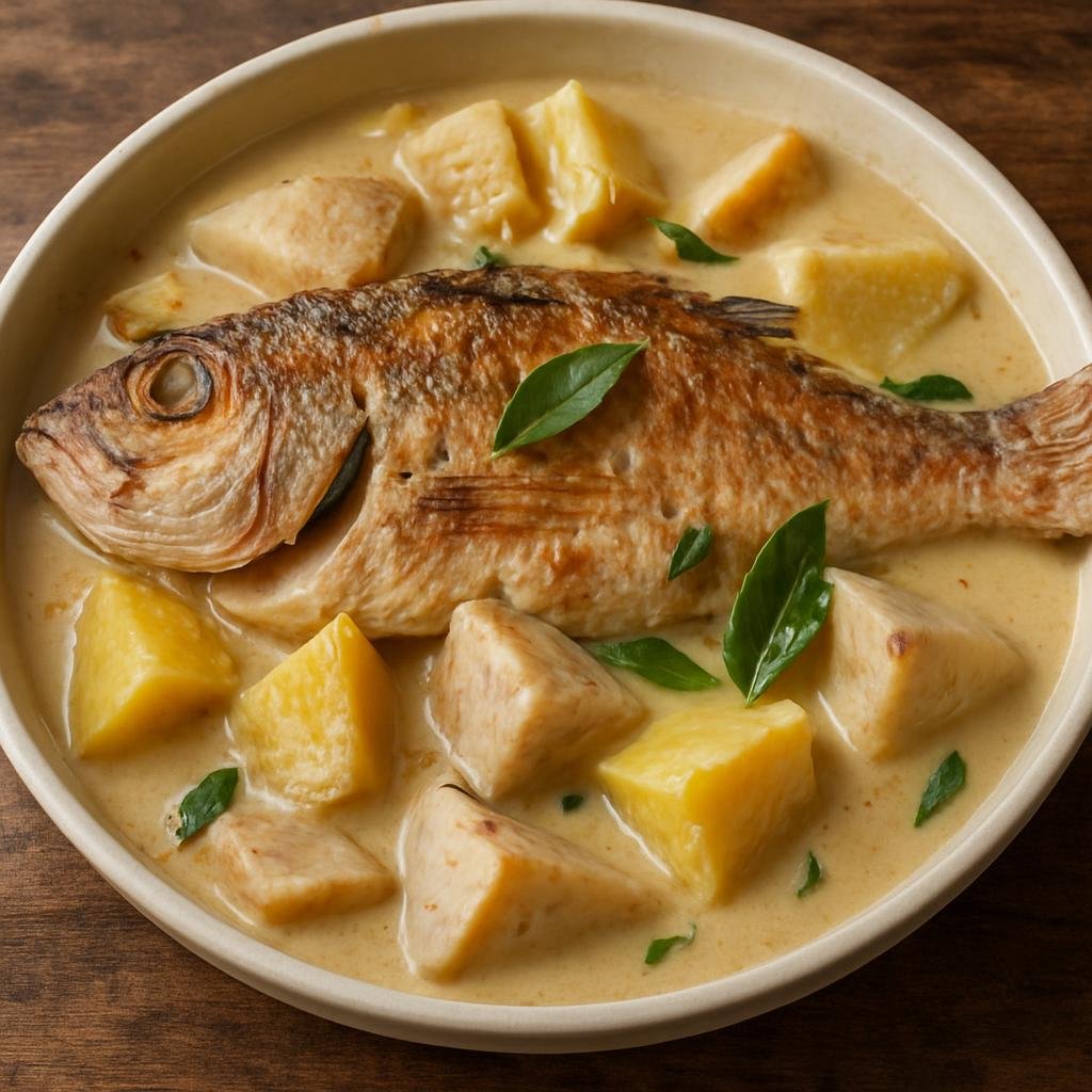 Entree: Kiribati – Northern Culinary Region – Te Bua Toro Ni Kainikama Ma Te Mwakoro (Baked island-style whole fish simmered in coconut cream with breadfruit and root taro) recipe
