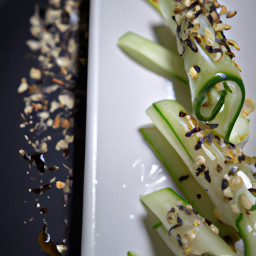 Appetizer: China – 姜葱凉拌黄瓜丝配陈醋和烤芝麻 ▶ Jiāng cōng liáng bàn huáng guā sī pèi chén cù hé kǎo zhī ma (Chilled Ginger-Scallion Cucumber Ribbons with Black Vinegar and Toasted Sesame) recipe