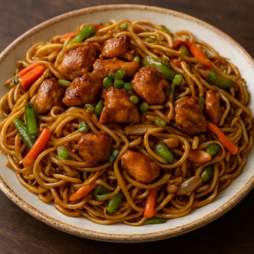 Entree: Mauritius – Northern Culinary Region – Mine Frite (Mauritian-style stir-fried noodles with soy-seasoned chicken and mixed vegetables) recipe