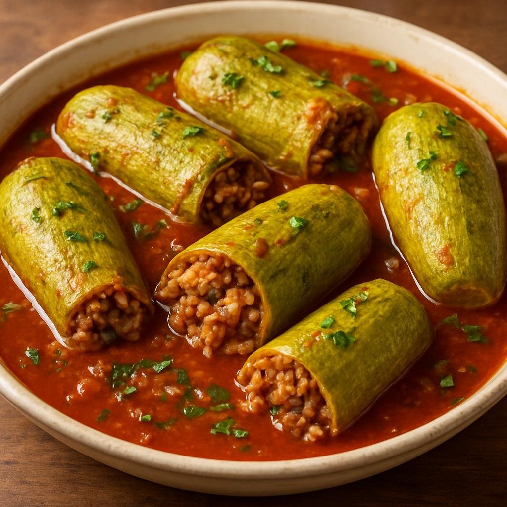 Entree: Palestine – Northern Culinary Region – كوسا محشي ➤ Kousa Mahshi (Zucchini hollowed and stuffed with a spiced rice and lamb mixture, cooked in a tangy tomato broth) recipe