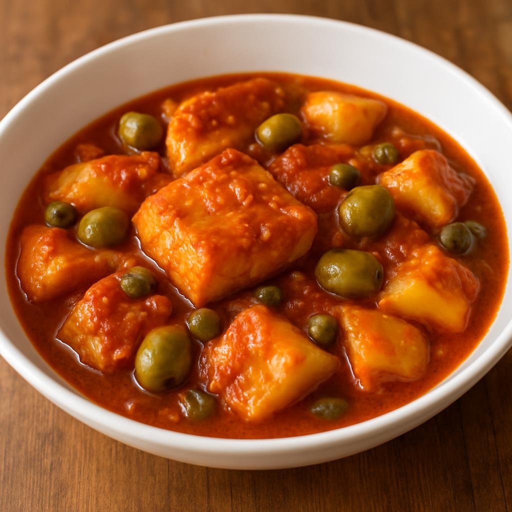 Entree: Puerto Rico – Northern Culinary Region – Bacalao Guisado (Puerto Rican tomato-based stewed salted cod with potatoes, olives, and capers) recipe