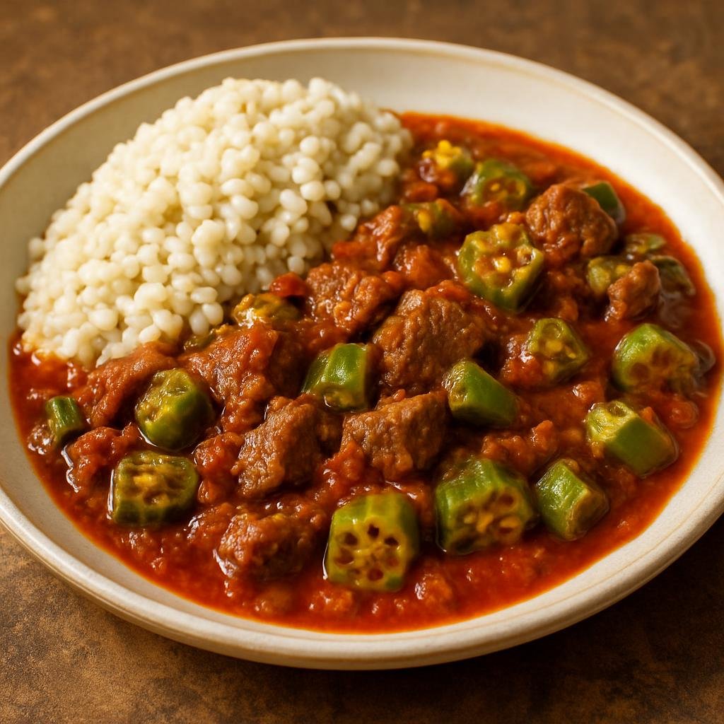 Entree: South Sudan – Northern Culinary Region – Kajaik (Hearty Northern South Sudanese tomato-and-okra meat stew typically served with sorghum or rice) recipe