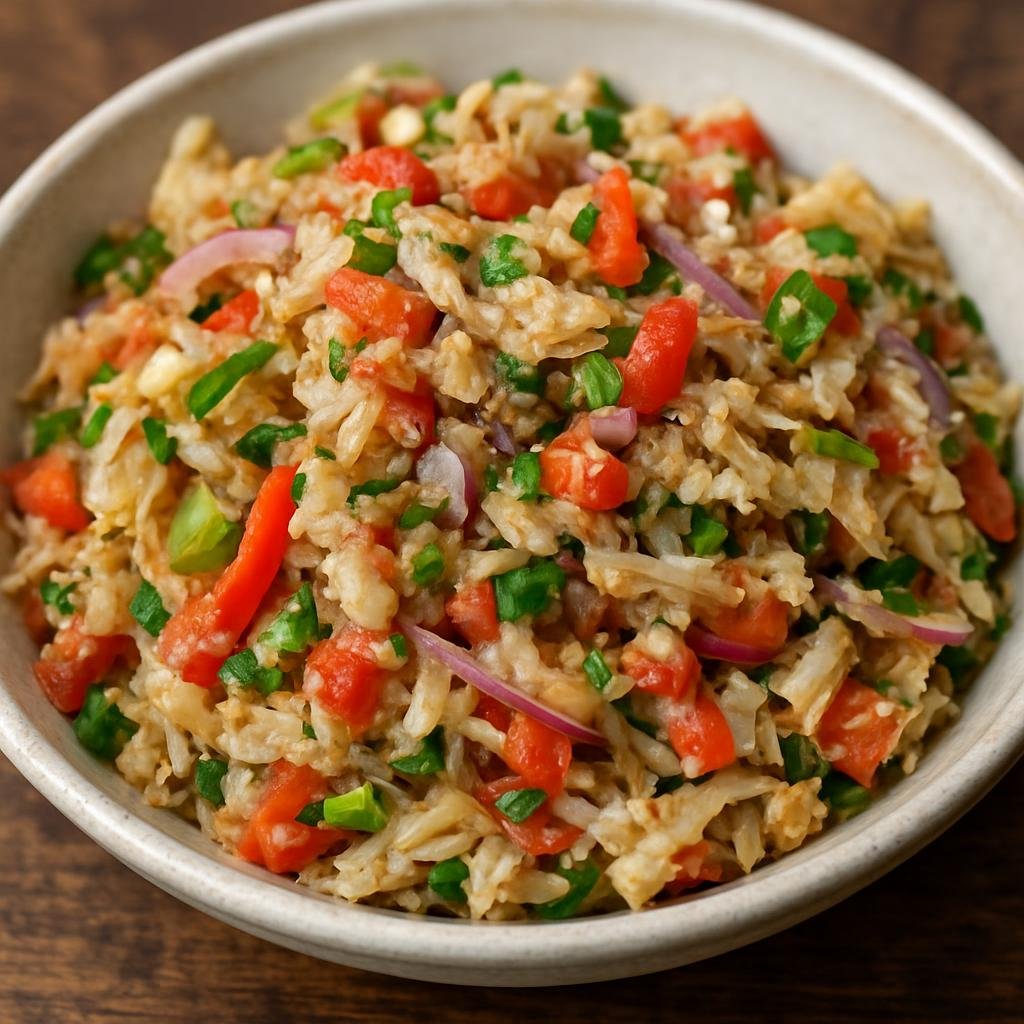 Entree: Trinidad and Tobago – Northern Culinary Region – Saltfish Buljol (Shredded salted cod salad tossed with peppers, onions, tomatoes, herbs and citrus) recipe