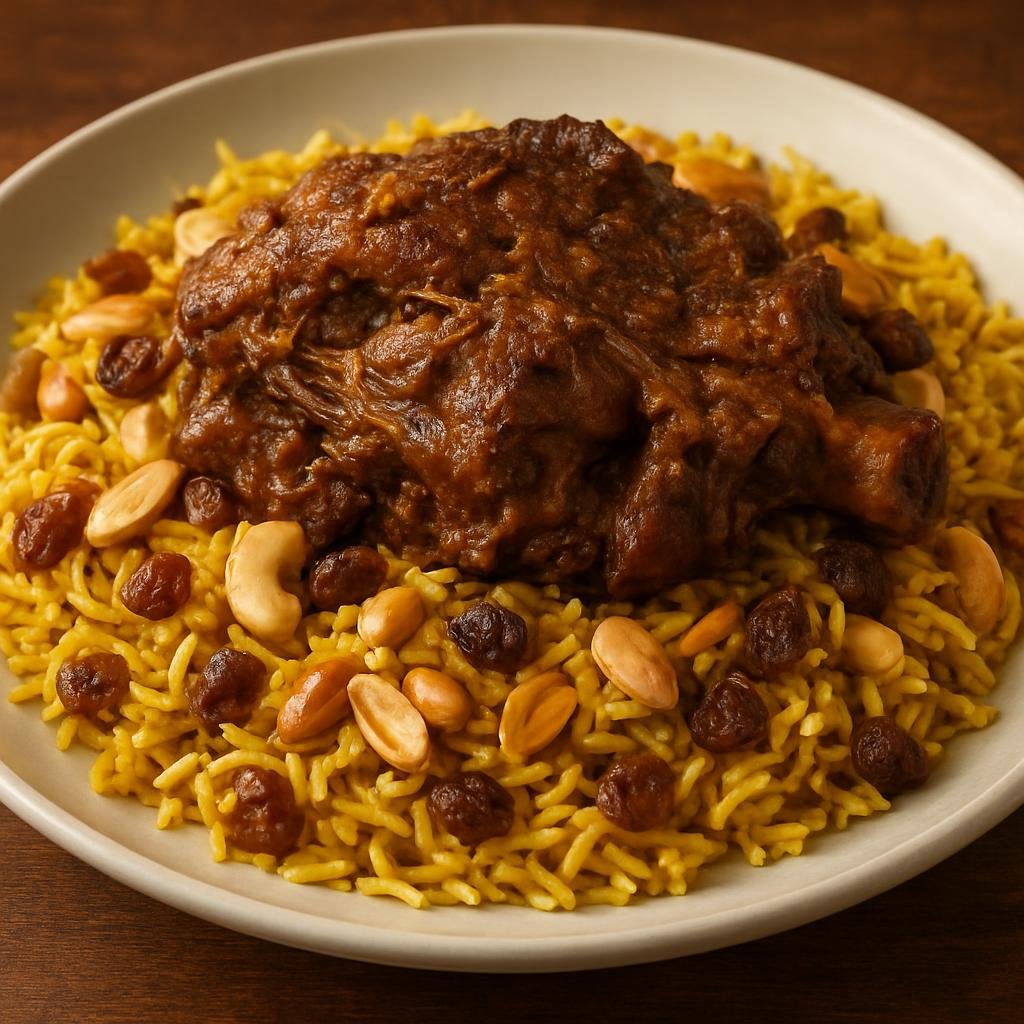 Entree: United Arab Emirates – Northern Culinary Region – قوزي ➤ Quzi (Slow-roasted spiced lamb served over saffron basmati rice with nuts and raisins) recipe