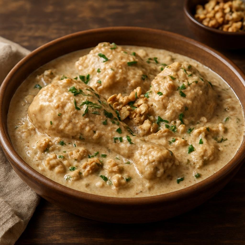 Entree: Albania – Central Culinary Region – Pula me Arra (Chicken stewed in a creamy ground-walnut sauce) recipe