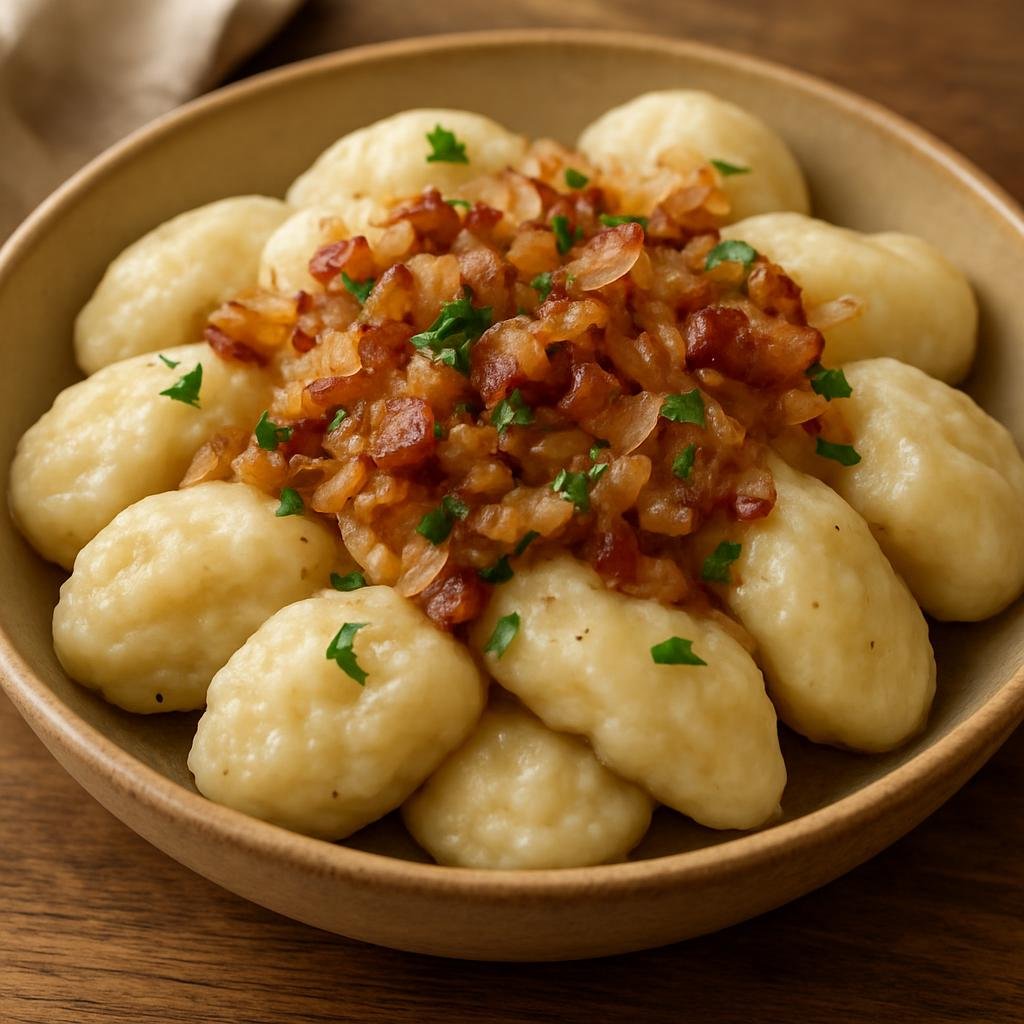 Entree: Belarus – Central Culinary Region – Клецкі ➤ Kletski (Boiled potato-and-flour dumplings traditionally finished with sautéed onions and bacon) recipe