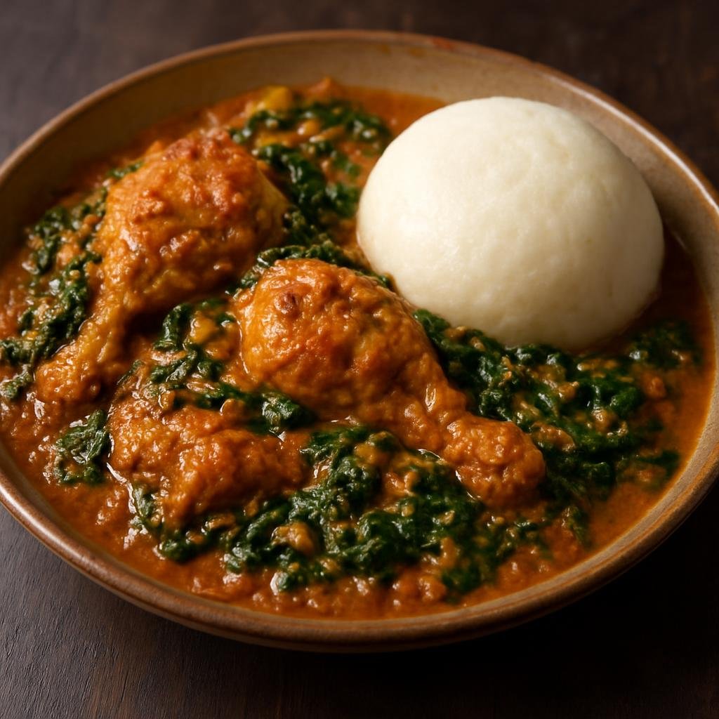 Entree: Benin – Central Culinary Region – Moyo (Hearty West African tomato and peanut chicken stew with leafy greens) recipe