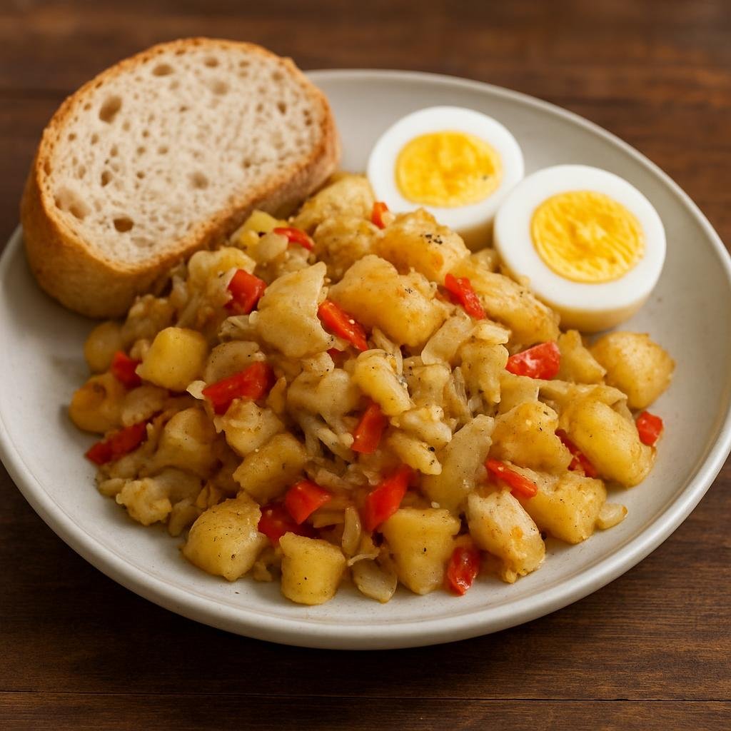 Entree: Bermuda – Central Culinary Region – Codfish Breakfast (Salted cod sautéed with potatoes, onions, peppers, and served with hard-boiled eggs and bread) recipe