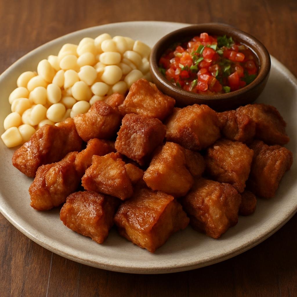 Entree: Bolivia – Central Culinary Region – Chicharrón de Cerdo (Crispy fried pork chunks cooked until crackling, typically served with mote and a spicy salsa) recipe