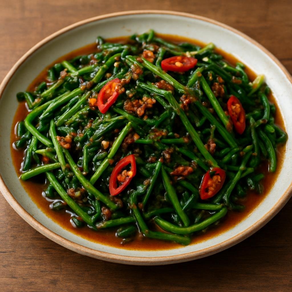 Entree: Cocos (Keeling) Islands – Kangkung Belacan (Stir-fried water spinach with pungent shrimp paste and chilies) recipe