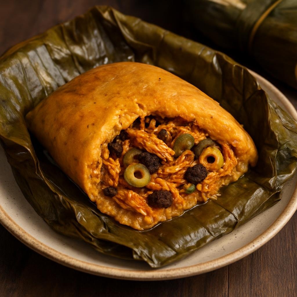 Entree: Curacao – Ayaka (Traditional Curaçaoan wrapped corn-and-plantain dough filled with spiced chicken, raisins, capers, and olives, baked in banana leaves) recipe