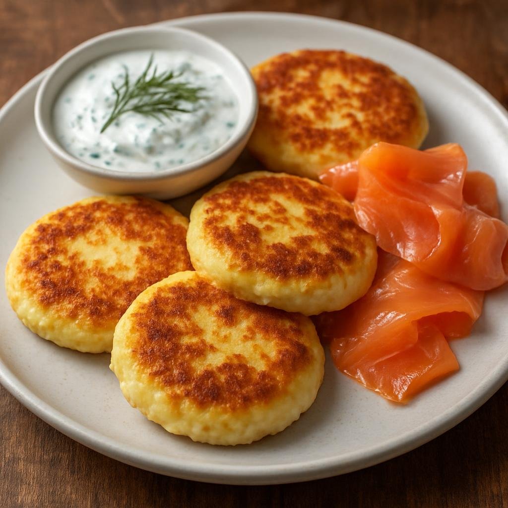 Entree: Estonia – Kohuke (Savory pan-fried curd-cheese patties served with dill sour cream and smoked salmon) recipe