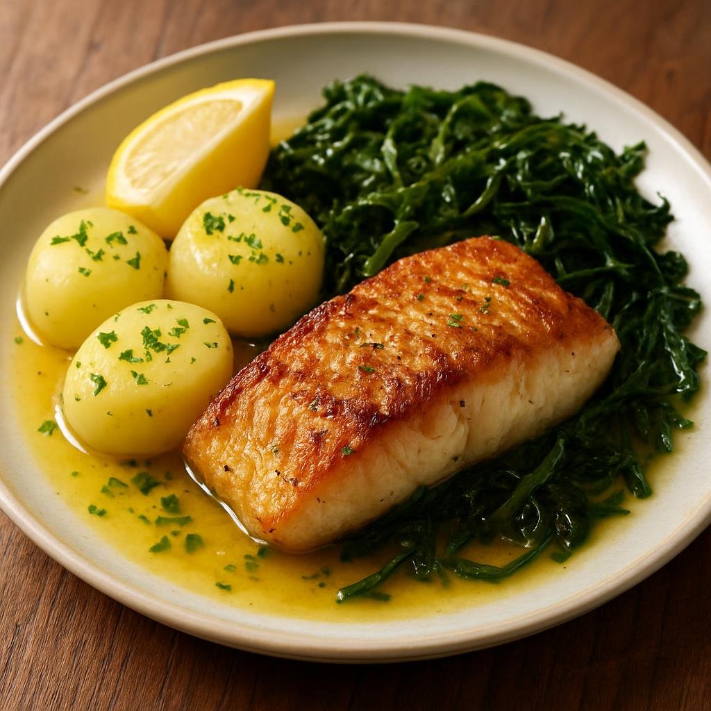Entree: Faroe Islands – Havhestur (Pan-seared Atlantic cod served with buttered potatoes and sautéed seaweed in a lemon-butter sauce) recipe