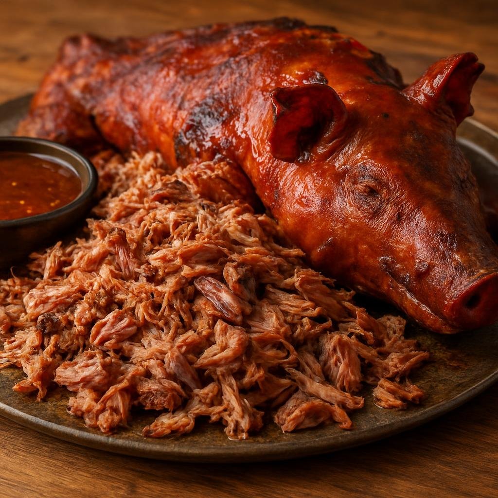 Entree: United States – American BBQ Belt – Carolina Style Whole Hog BBQ (Slow-roasted whole hog cooked over coals and served pulled with a tangy vinegar-based sauce) recipe