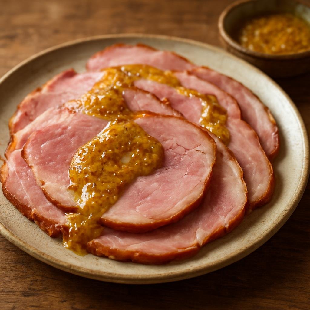 Entree: France – Auvergne – Jambon d'Auvergne (Traditional cured and gently cooked ham from Auvergne, served sliced with a savory glaze or mustard) recipe