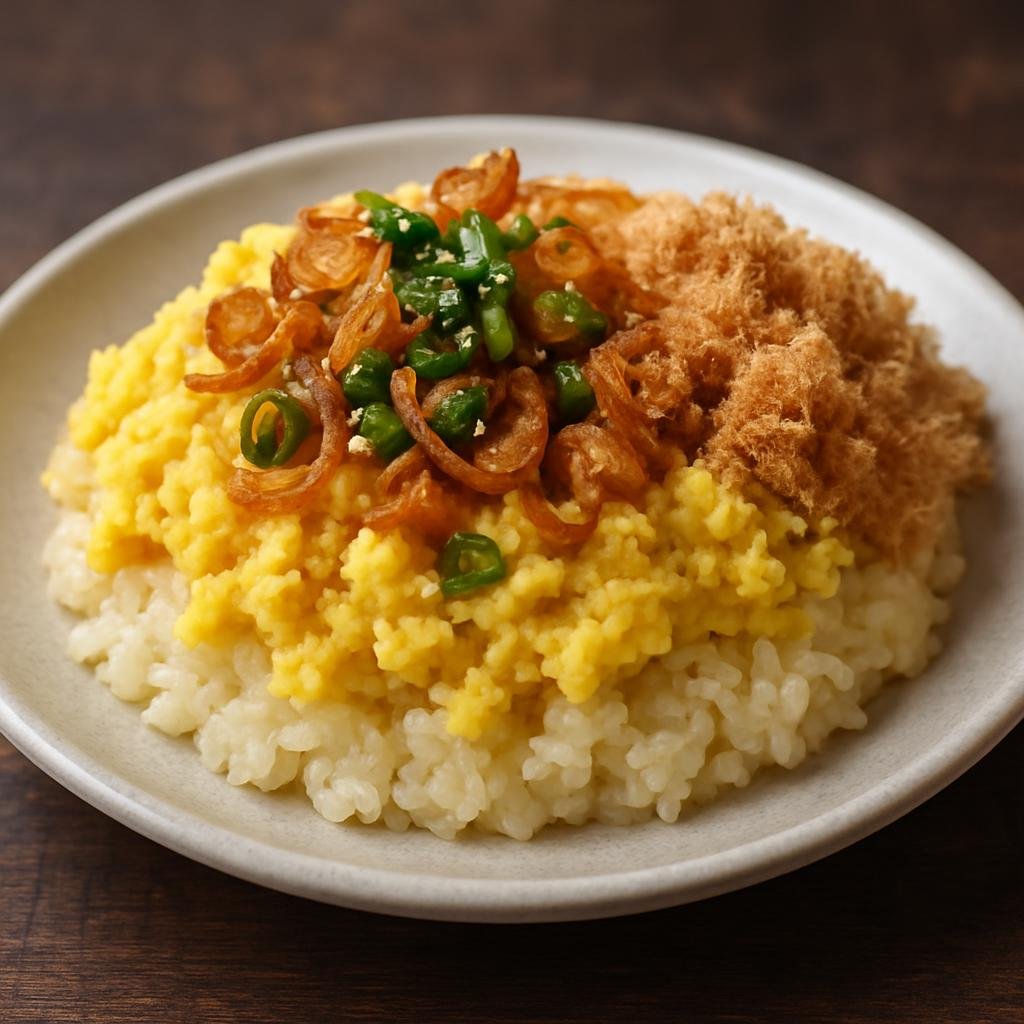 Entree: Vietnam – Hanoi – Xôi Xéo (Savory Hanoi-style sticky rice topped with seasoned mashed mung bean, fried shallots, scallion oil, and pork floss) recipe