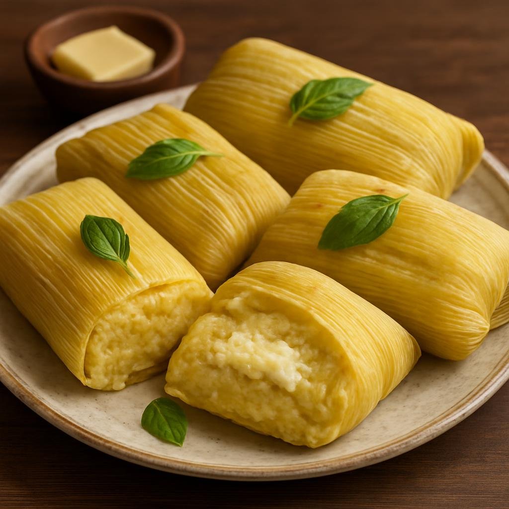 Entree: Chile – Central Culinary Region – Humitas (Steamed corn dough wrapped in husks, flavored with onion, basil, butter, and often fresh cheese) recipe