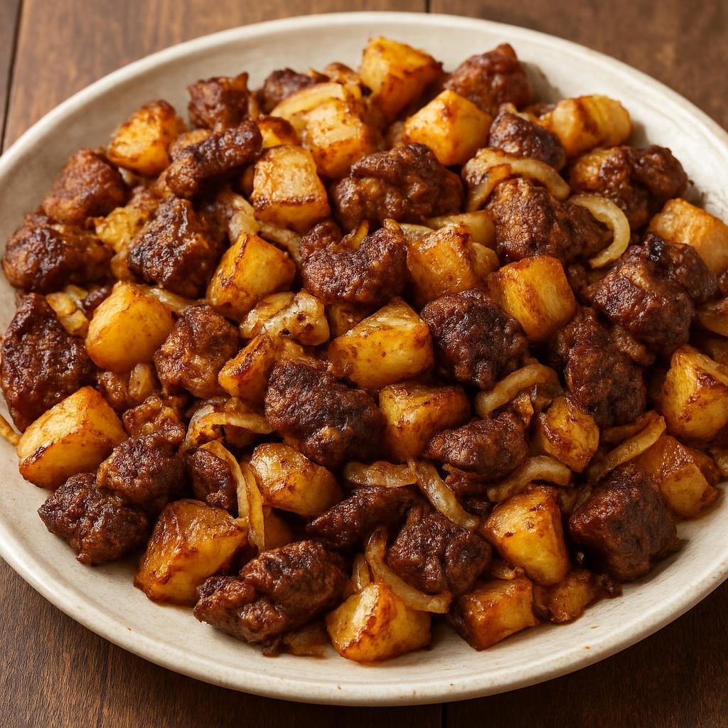 Entree: Ukraine – Crimean Tatar Cuisine – Kuurdak (Pan-fried chunks of lamb with onions and potatoes cooked until deeply browned and savory) recipe