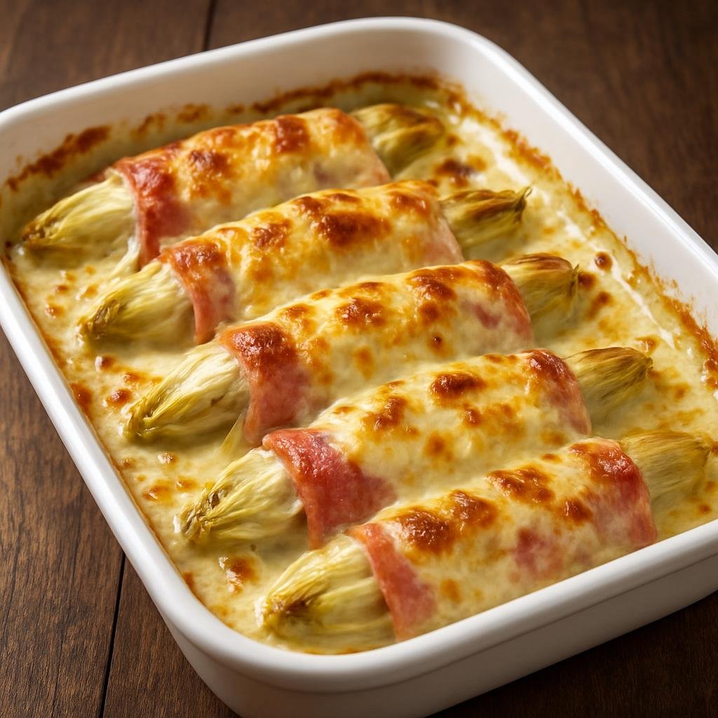 Entree: Belgium – Brussels – Chicons au Gratin (Belgian endives wrapped in ham, covered with creamy béchamel and gratinéed with cheese) recipe