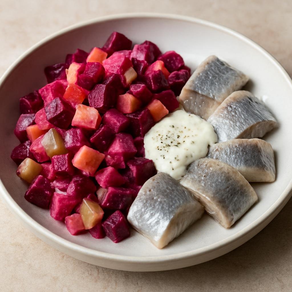 Entree: Finland – Finnish Coastal Cuisine – Rosolli with Herring (A chilled Finnish beetroot and root-vegetable salad served with pickled herring and a creamy, tangy dressing) recipe