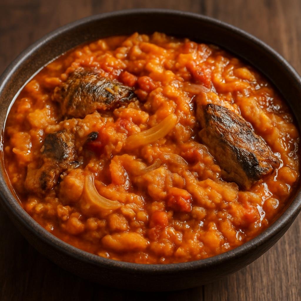 Entree: Ghana – Ashanti – Yam Pottage (Savory mashed yam cooked with palm oil, tomatoes, onions and smoked fish to create a thick, spiced pottage) recipe