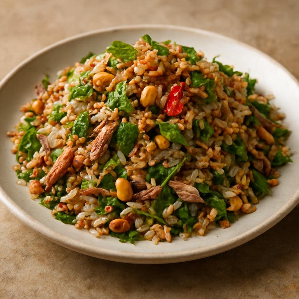 Entree: Myanmar – Kachin & Northern Myanmar – ကချင်ထမင်းသုပ် ➤ Kachin htamin thoke (Tossed Kachin-style rice salad with shredded meat, toasted rice powder, herbs, peanuts, and a tangy chili-lime dressing) recipe