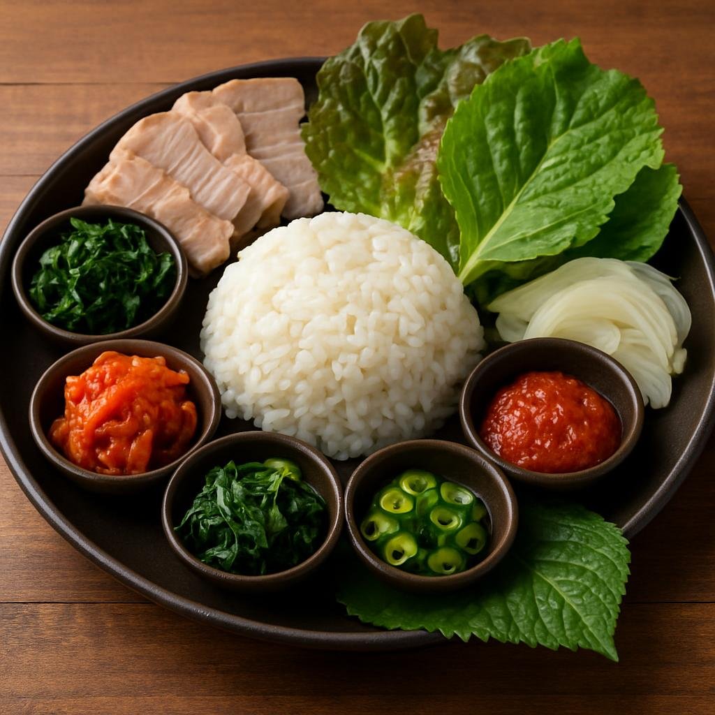 Entree: South Korea – Gyeongsang – 경주 쌈밥 ➤ Gyeongju ssambap (Rice-and-side-dish platter served with assorted fillings and condiments wrapped in leafy greens) recipe