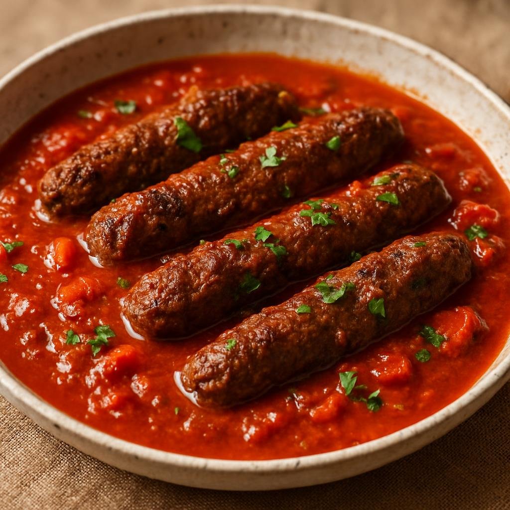 Entree: Syria – Coastal Syria – كباب هندي ➤ Kabab Hindi (Syrian coastal spiced meat kebabs simmered in a tomato-based sauce) recipe