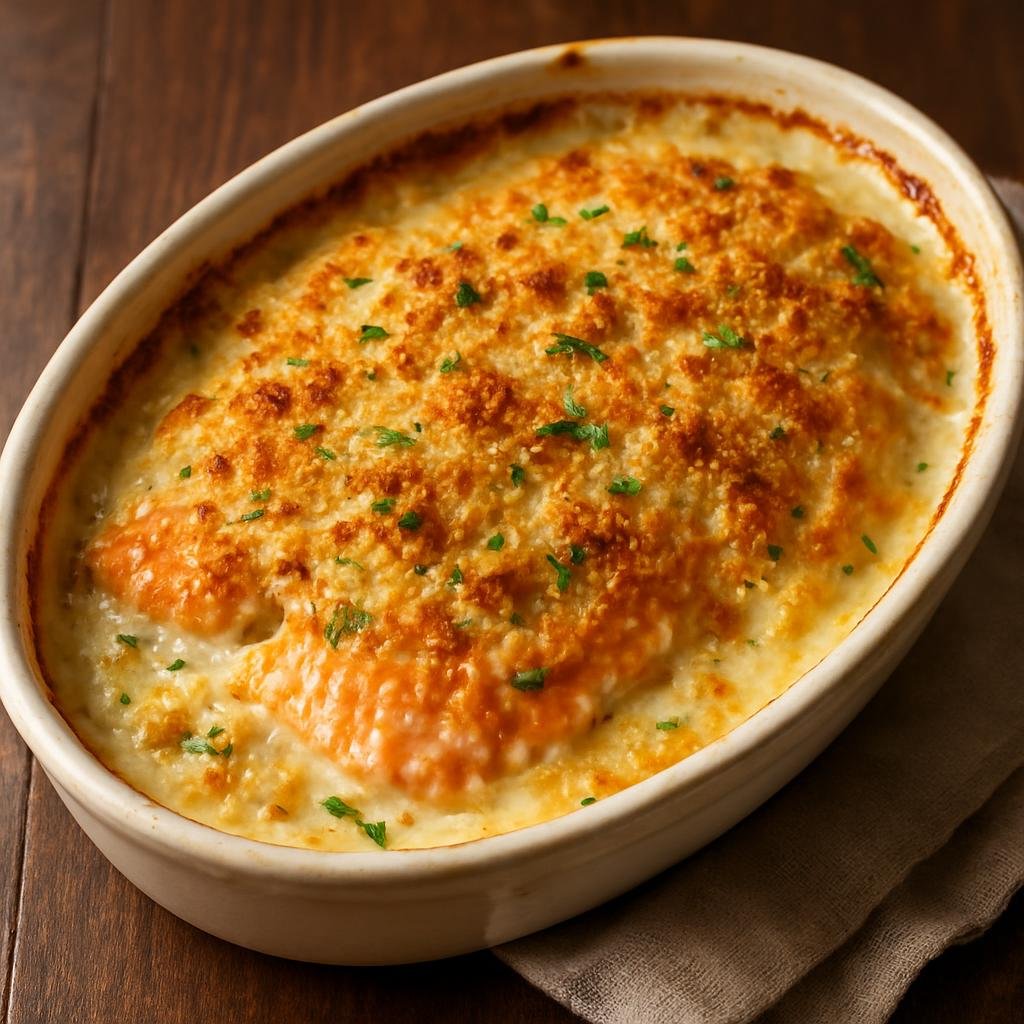 Entree: Antarctica – National Cuisine – Antarctic Char Gratin (Baked creamy fish gratin of char fillets topped with melted cheese and golden breadcrumbs) recipe