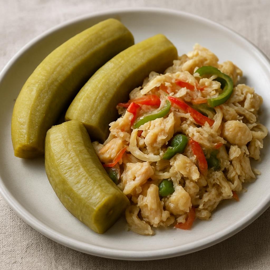 Entree: Dominica – National Cuisine – Green Fig and Saltfish (Boiled green bananas served with seasoned flaked salted cod and sautéed aromatics) recipe