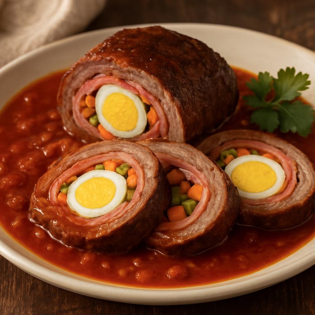 Entree: El Salvador – National Cuisine – Lomo Relleno (Rolled beef loin stuffed with ham, vegetables, and hard-cooked eggs in a tomato-based sauce) recipe