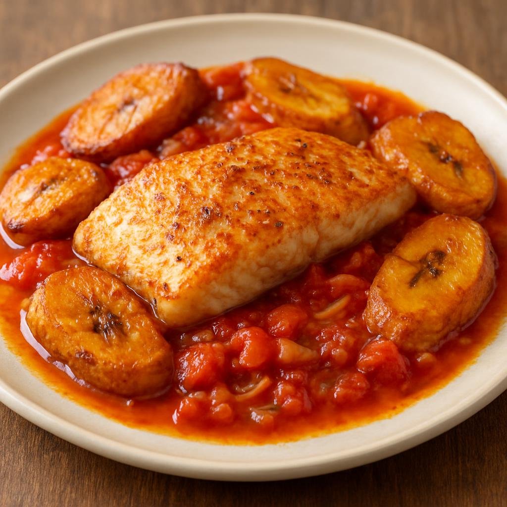 Entree: Equatorial Guinea – National Cuisine – Pescado con Plátano (Stewed or pan-seared white fish cooked with ripe plantains in a tomato-onion sauce) recipe